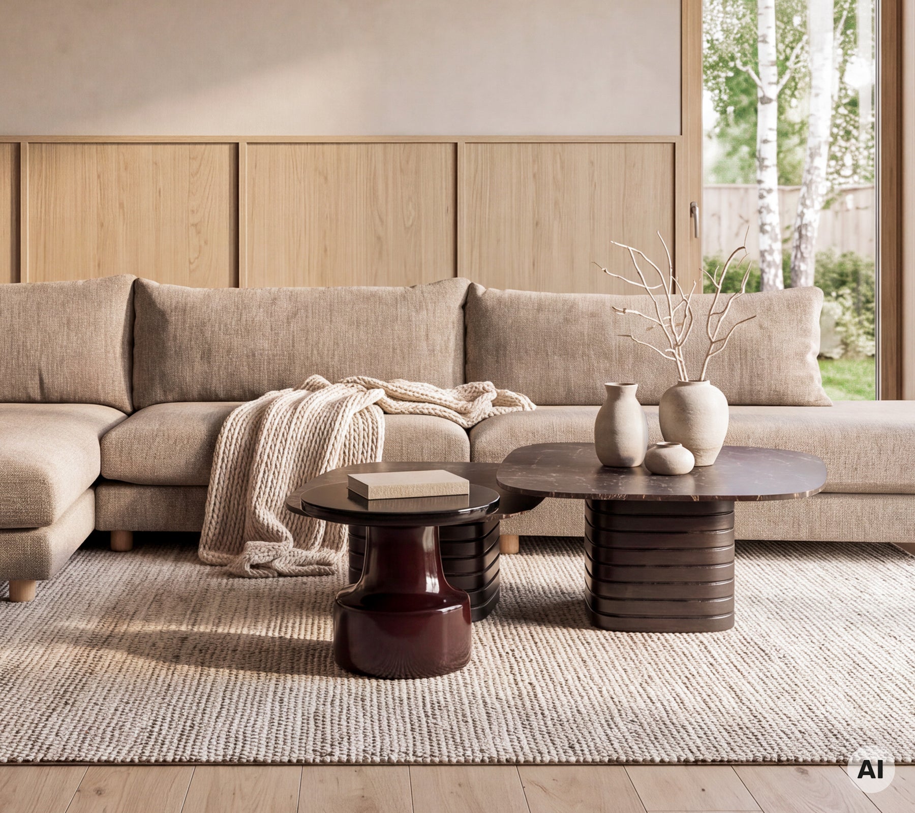 Modern loungeområde med en beige soffa, bruna och röda runda bord med dekorativa vaser.