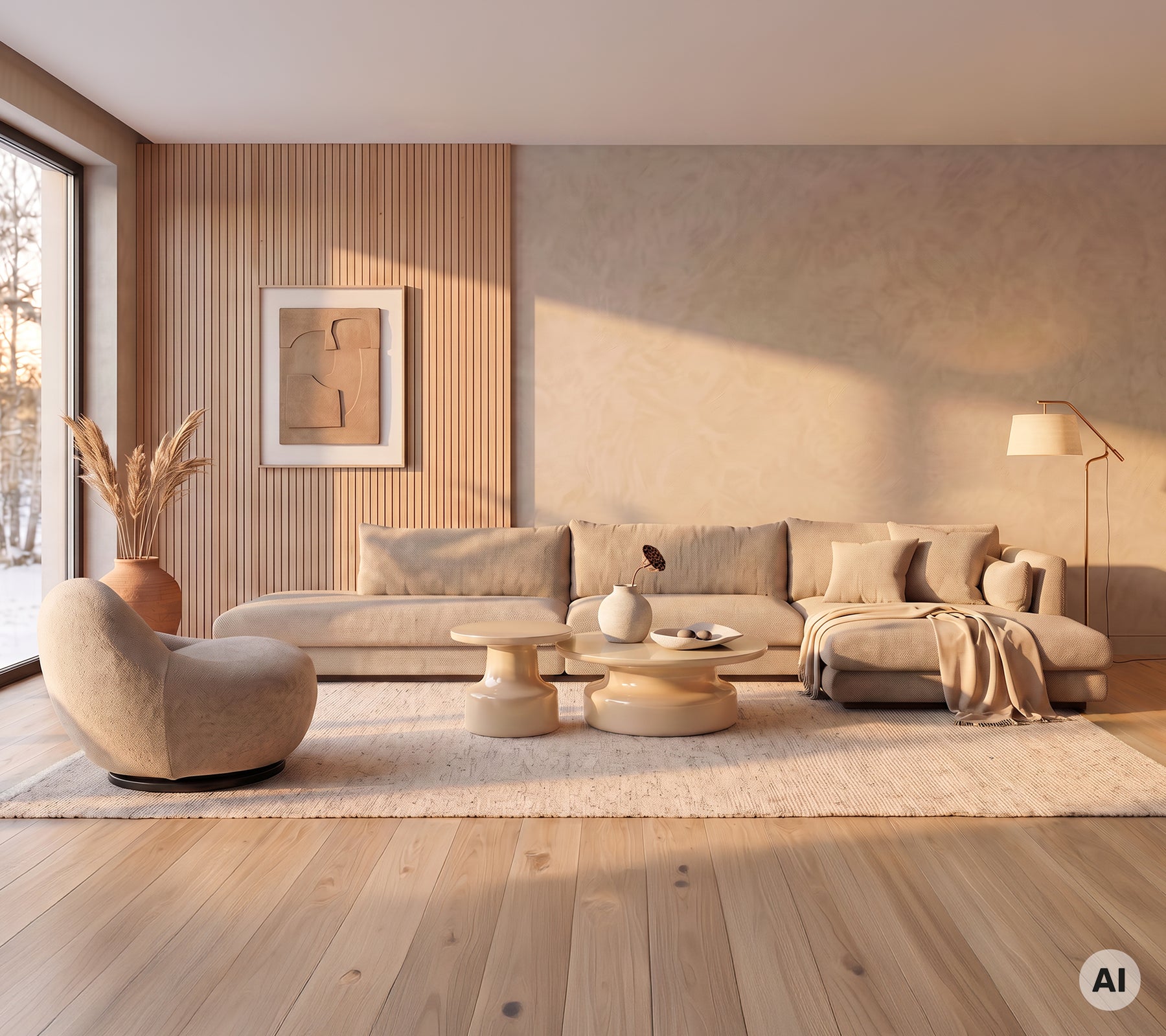 Beige soffa och chaiselong med runt soffbord i en modern lounge-miljö.
