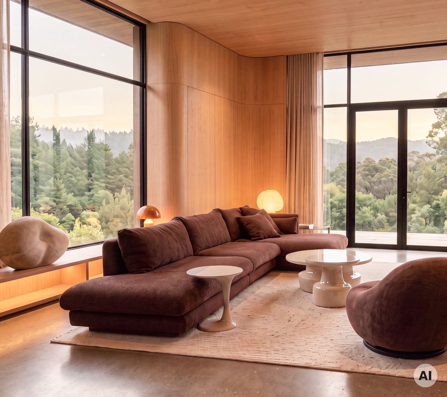 Modern lounge med en lila soffa, ett vitt sidobord och en rund stol med stora fönster.