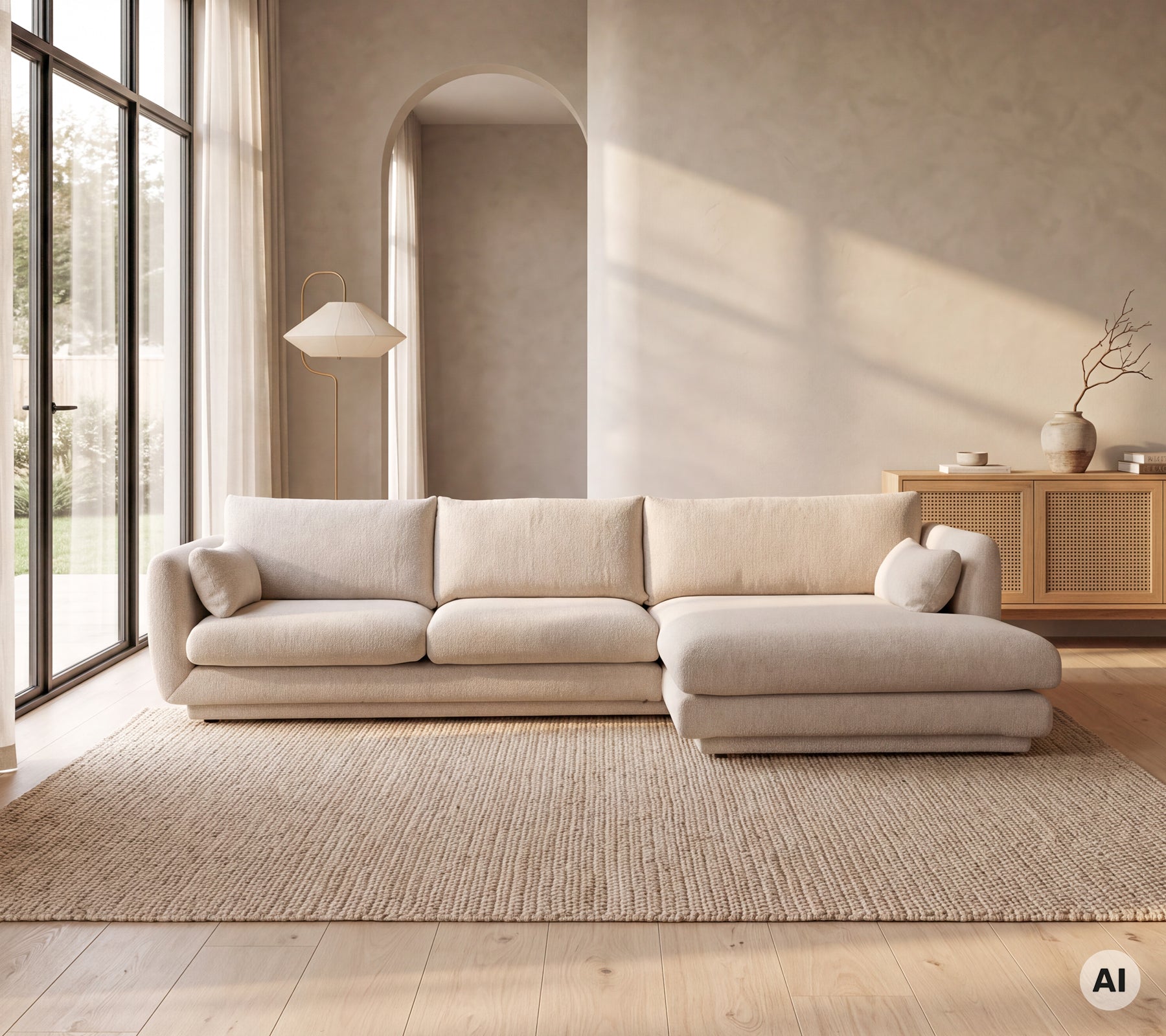 Modern beige soffa i en minimalistisk loungemiljö med en matta.