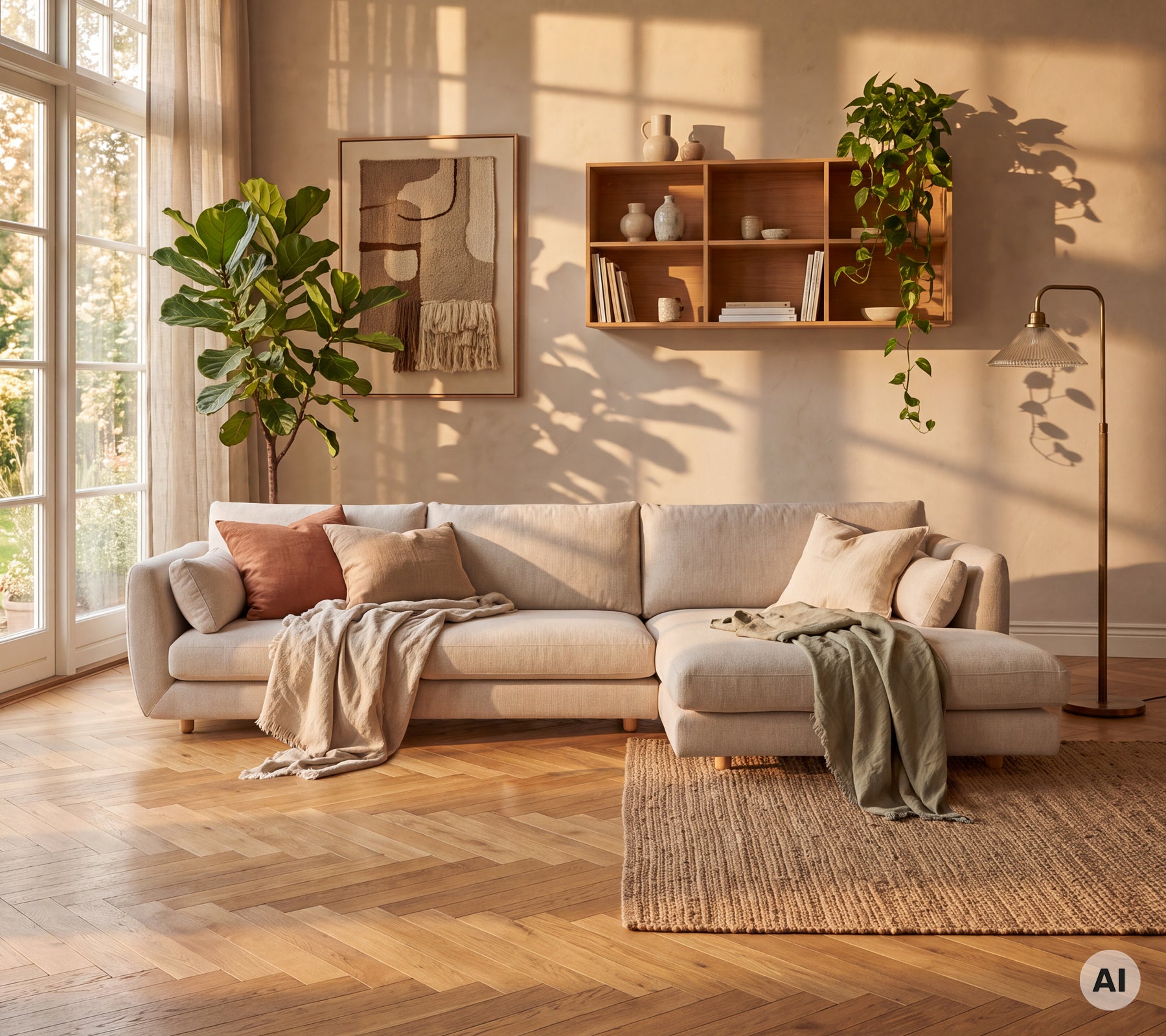 Mysig modern lounge med en beige soffa, rosa kudde, grön pläd och brun matta.