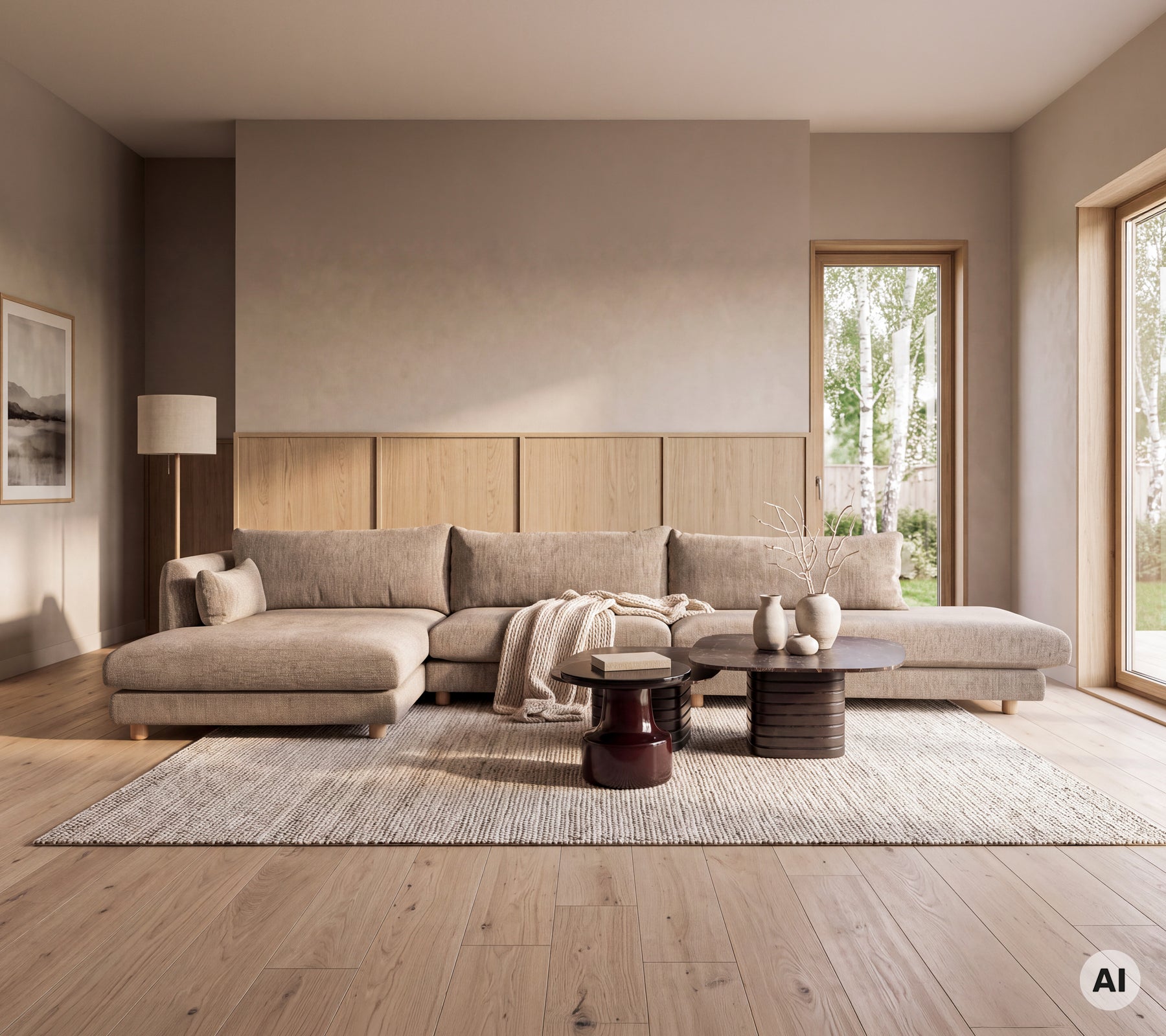 Modern lounge med en soffa, träsidebord och en matta i en minimalistisk miljö.