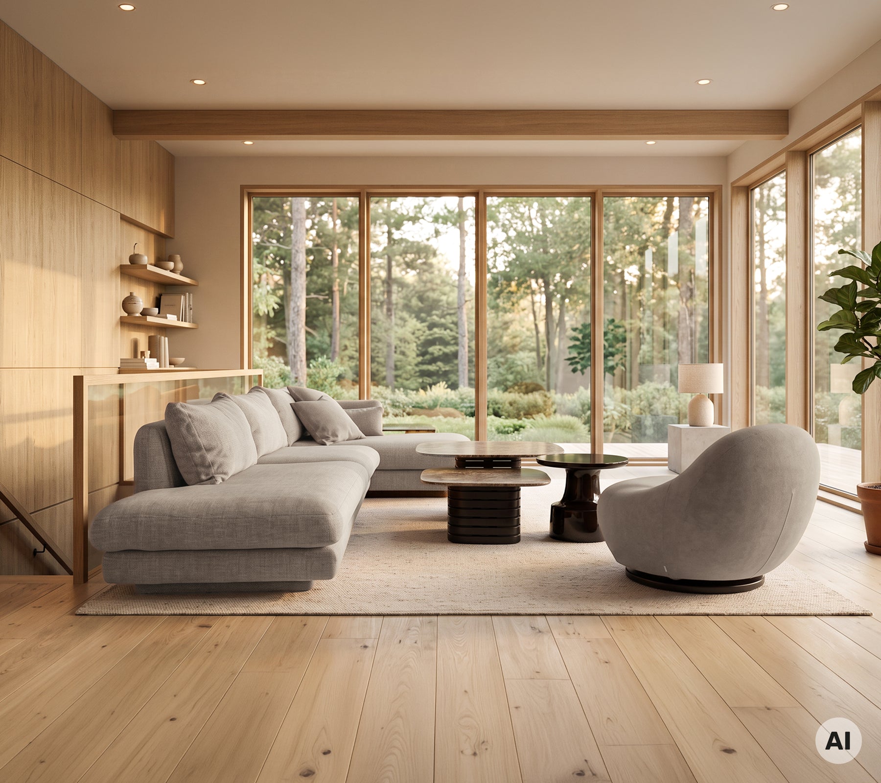 Modern lounge med grå hörnsoffa, svart soffbord och vit fåtölj.