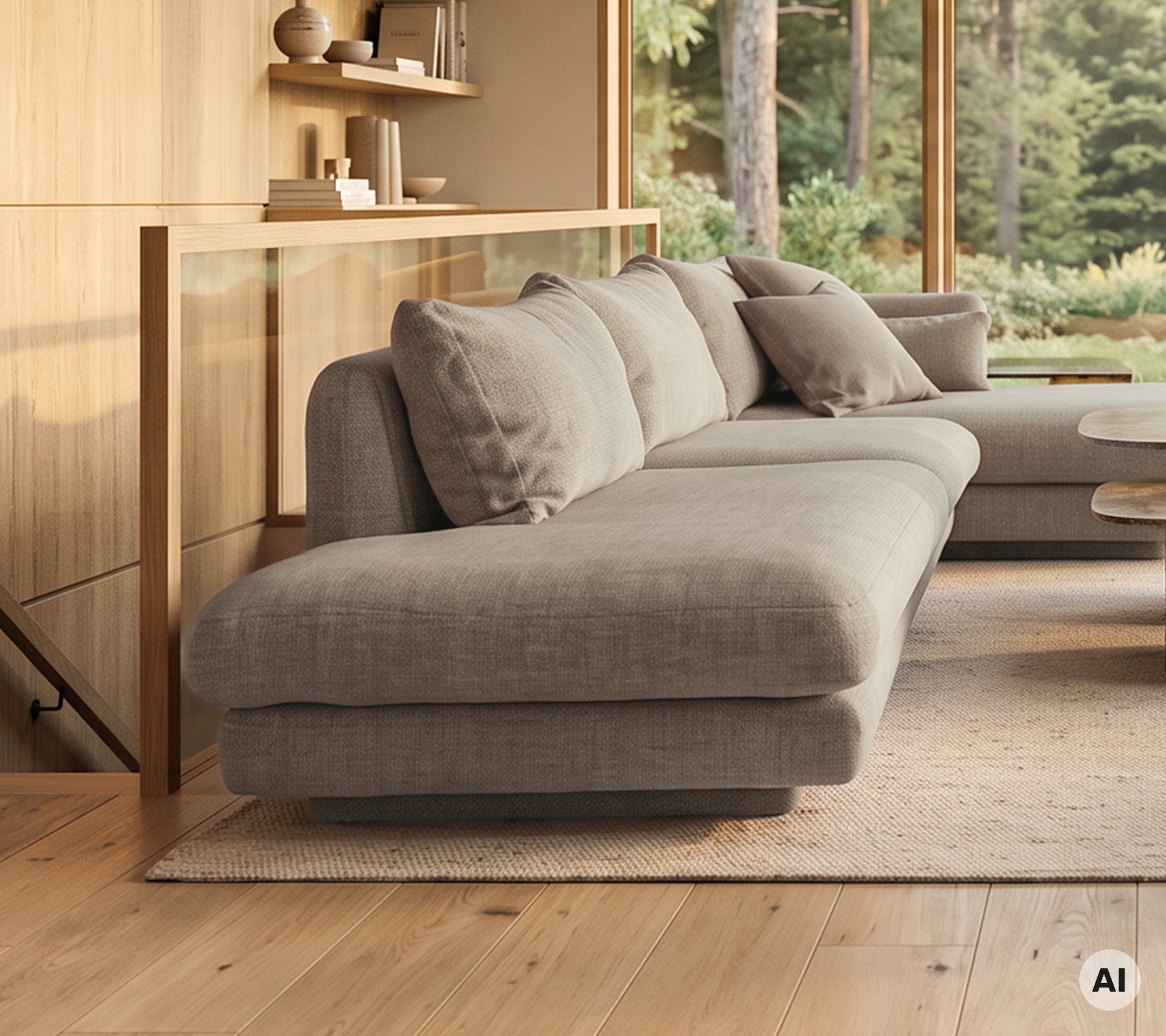 Modern grå soffa med matchande kuddar i en minimalistisk loungemiljö.