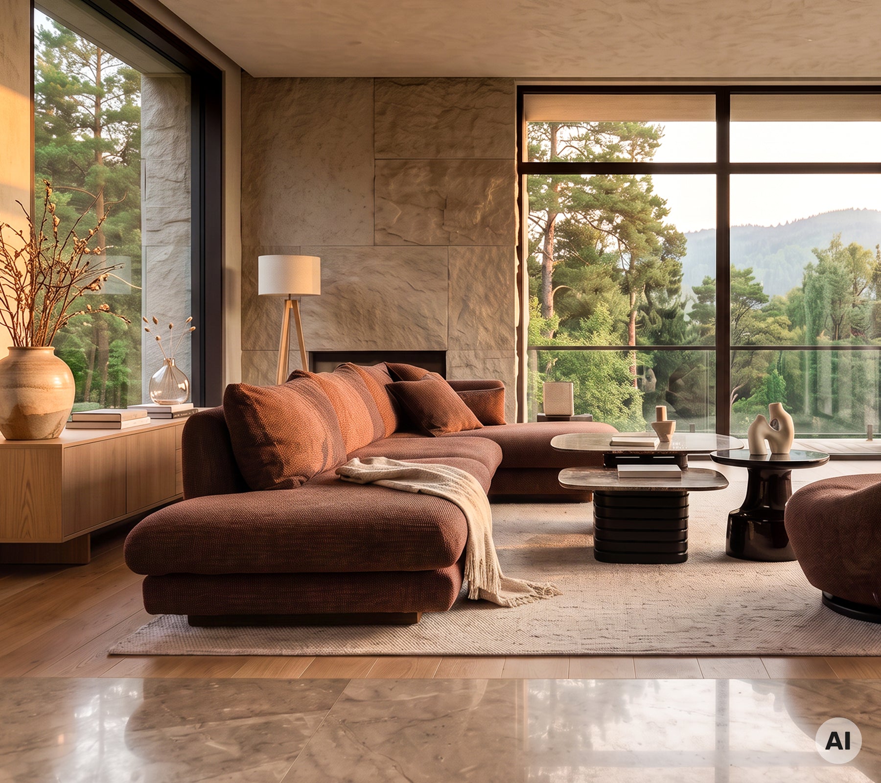 Modern lounge med en brun soffa och ett stiligt soffbord.