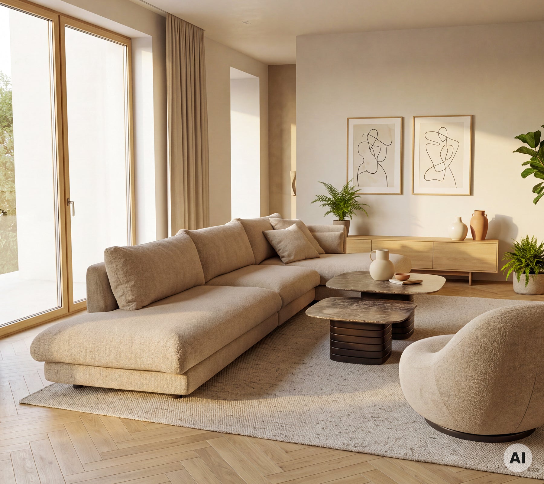 Beige soffa och fåtölj med ett runt soffbord i en modern lounge-miljö.