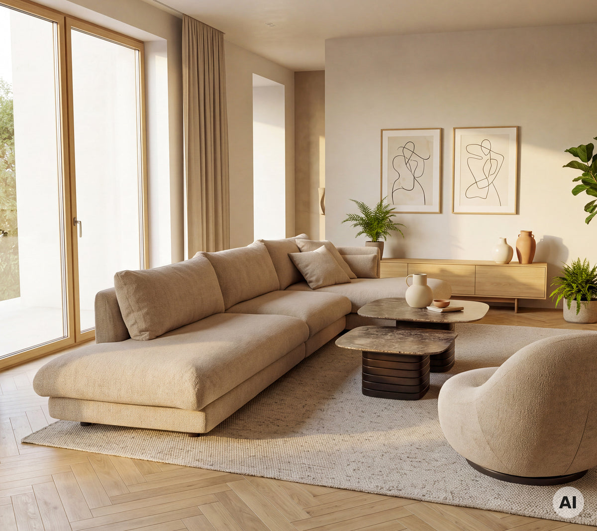 Beige soffa och fåtölj med ett runt soffbord i en modern lounge-miljö.
