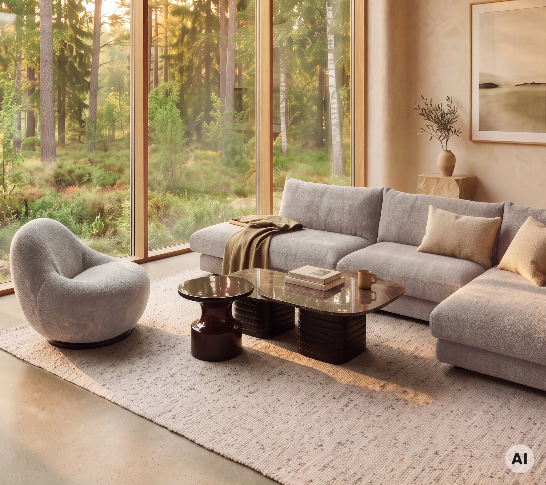 Moderna loungenområden med en grå soffa, beige kuddar, ett runt soffbord och en böjd stol.