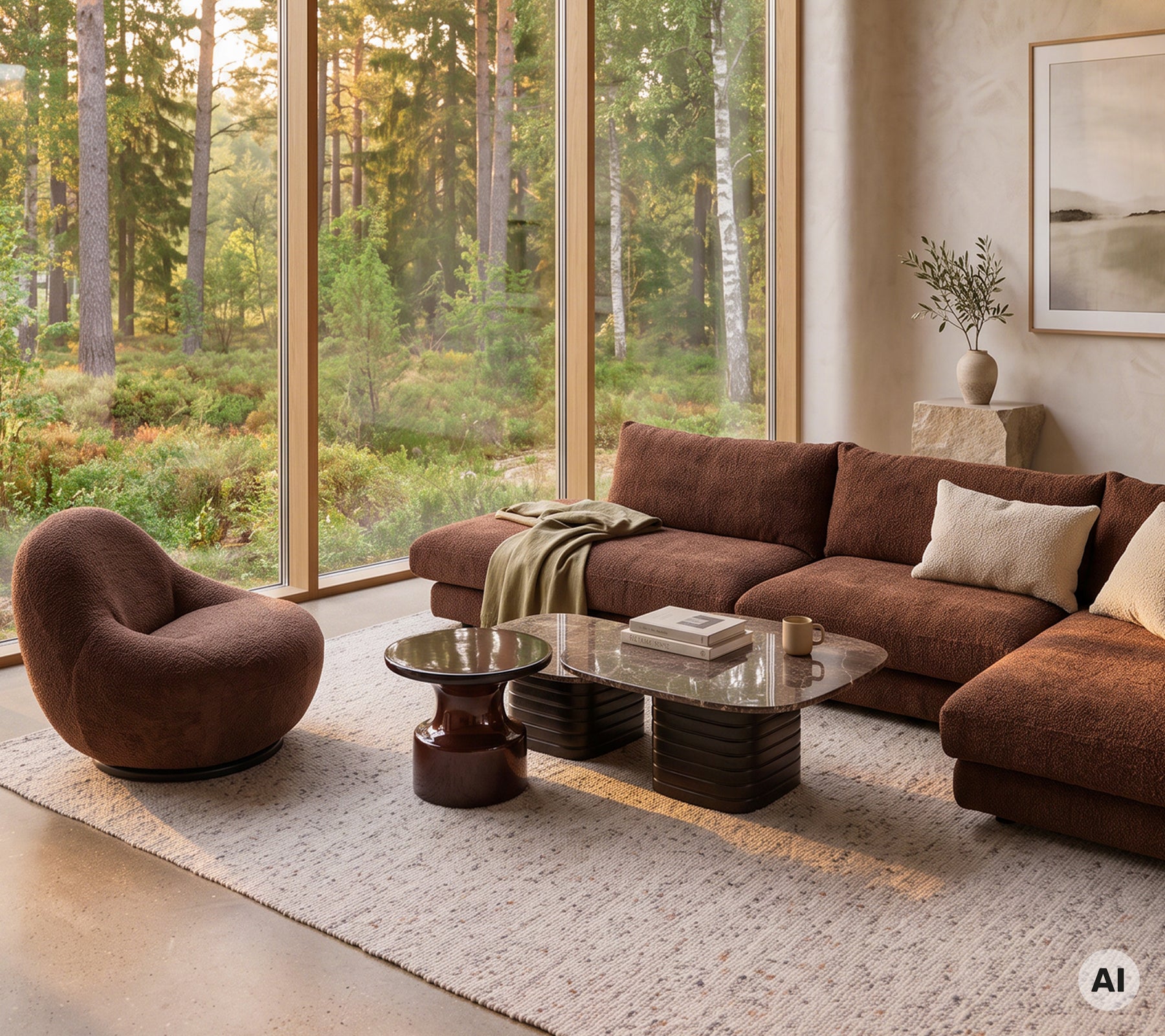 Modern loungen med en brun soffa, en brun stol och ett glas soffbord.
