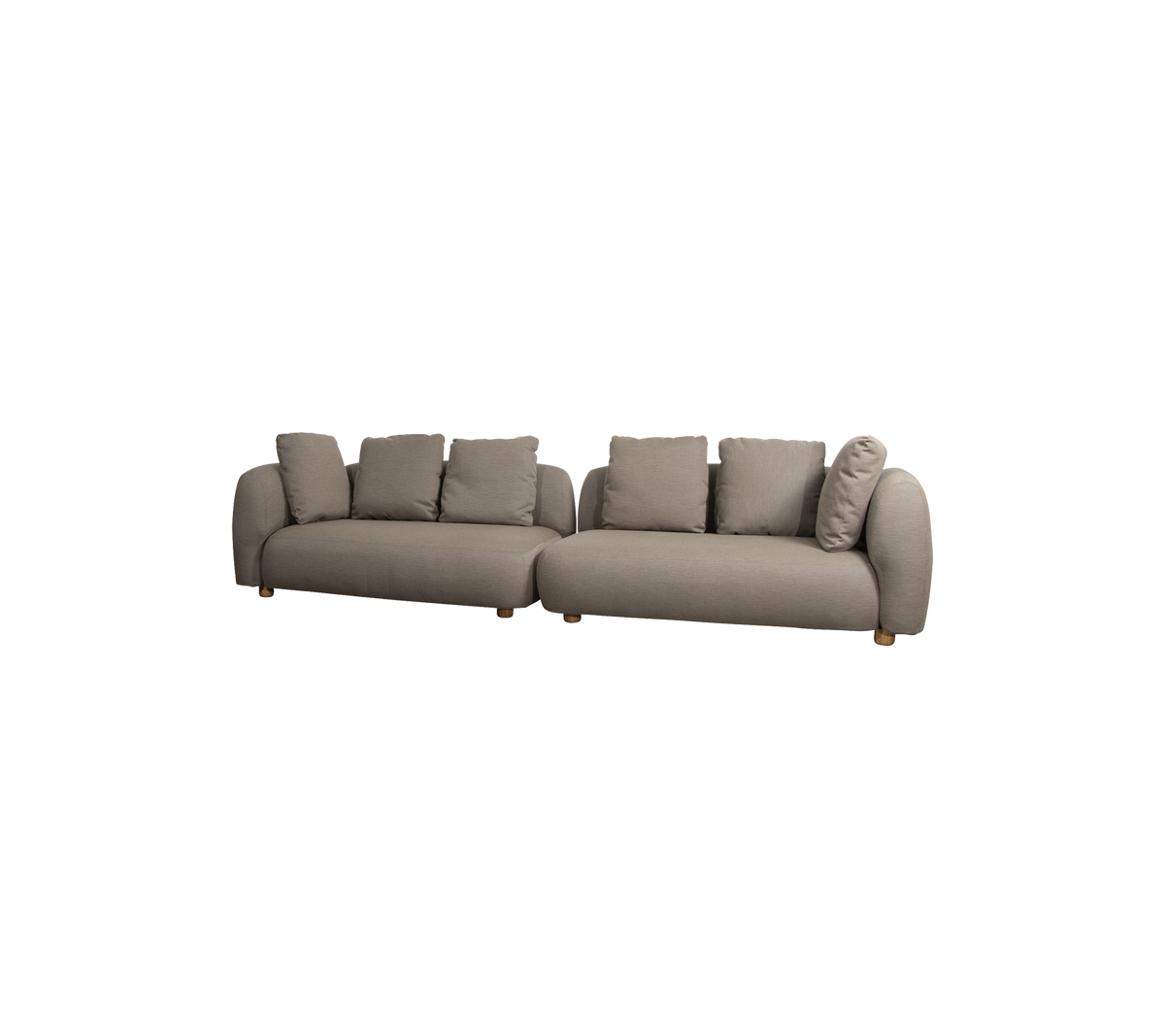 Modern L-formad soffa i en neutral ton, med mjuka kuddar och rundade armstöd, perfekt för bekväm sittplats.