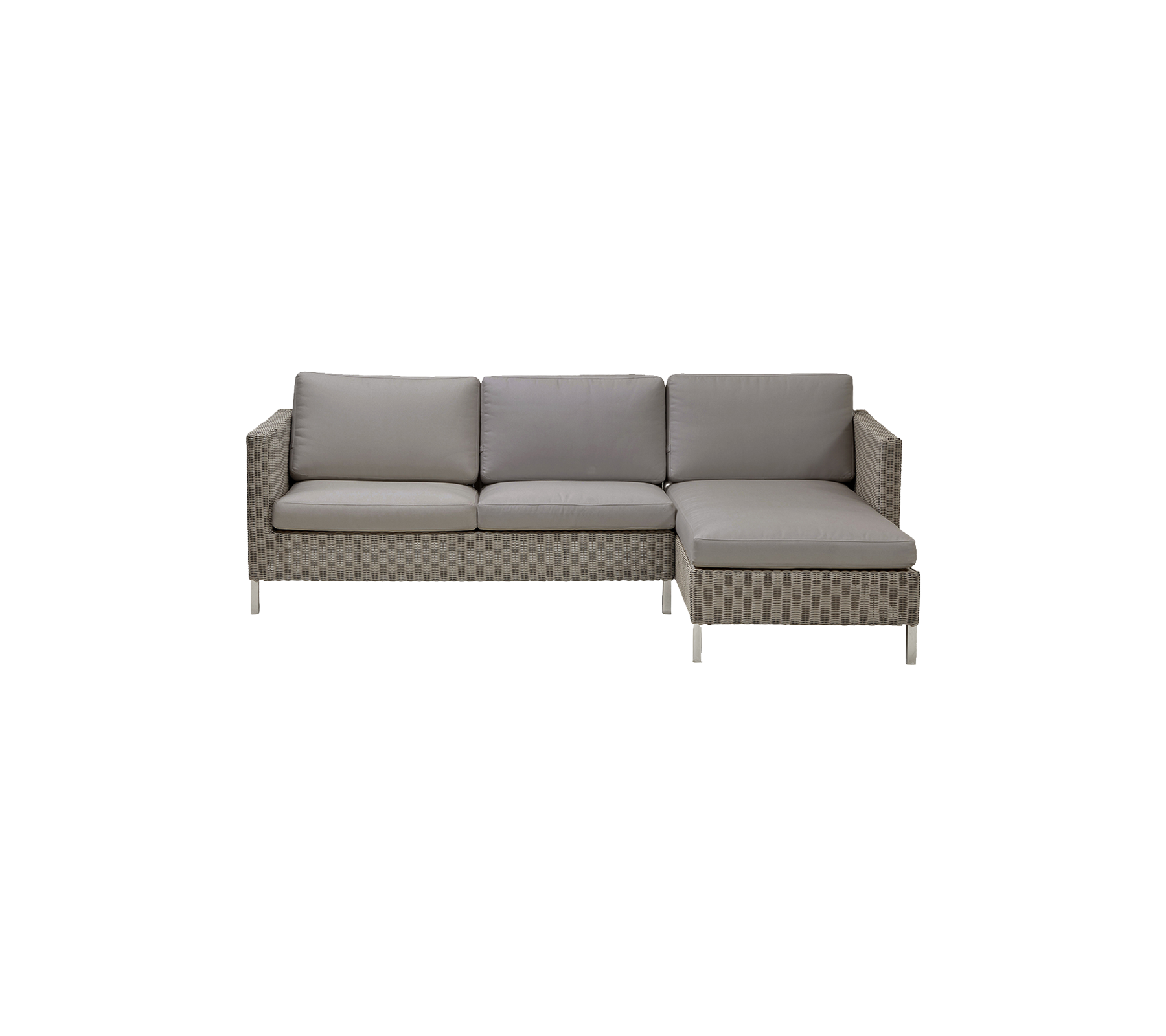 Modern sektioner soffan i ljusgrå färg med bekväma kuddar, med en smidig design och vävd textur.