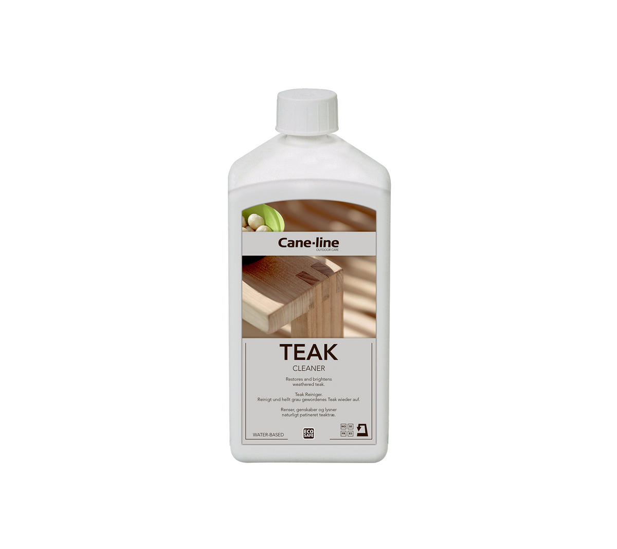 Flaska med teakolja för träskötsel, med etikett med produktinformation och bruksanvisning.