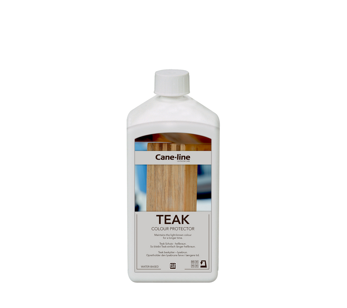 Behållare med teakfärgsprotektor från Cane-line, designad för att behålla och förbättra utseendet på teakytor.