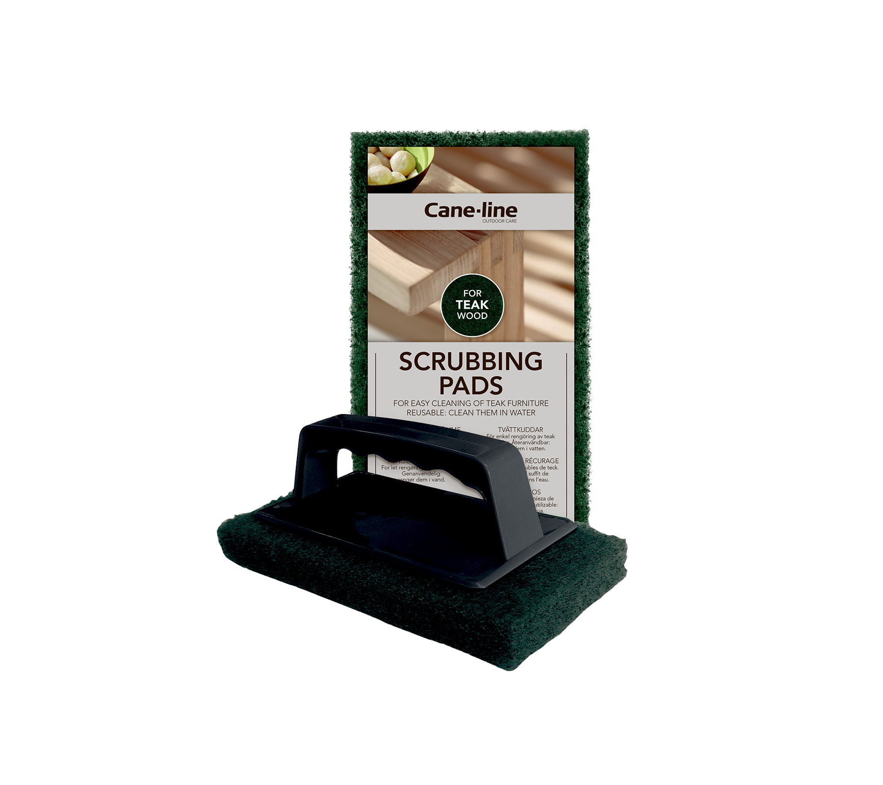 Skrubbkuddar med handtag, designade för effektiv rengöring. Inkluderar förpackning med produktnamnet. Idealisk för olika rengöringsuppgifter.