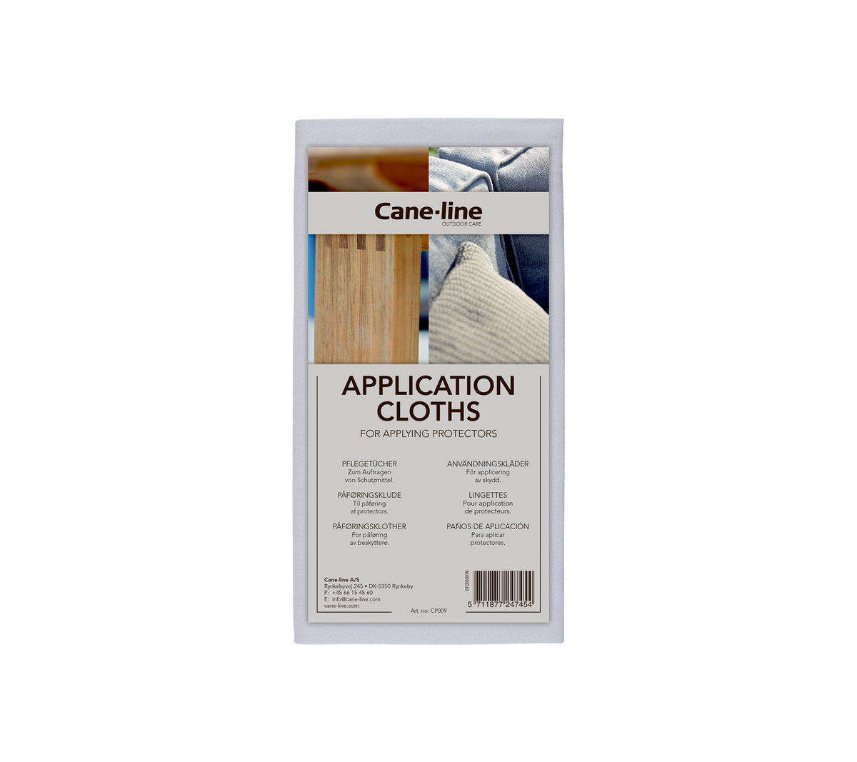 Cane-line applikationsdukar för ytskydd, med instruktioner och användardetaljer på förpackningen.