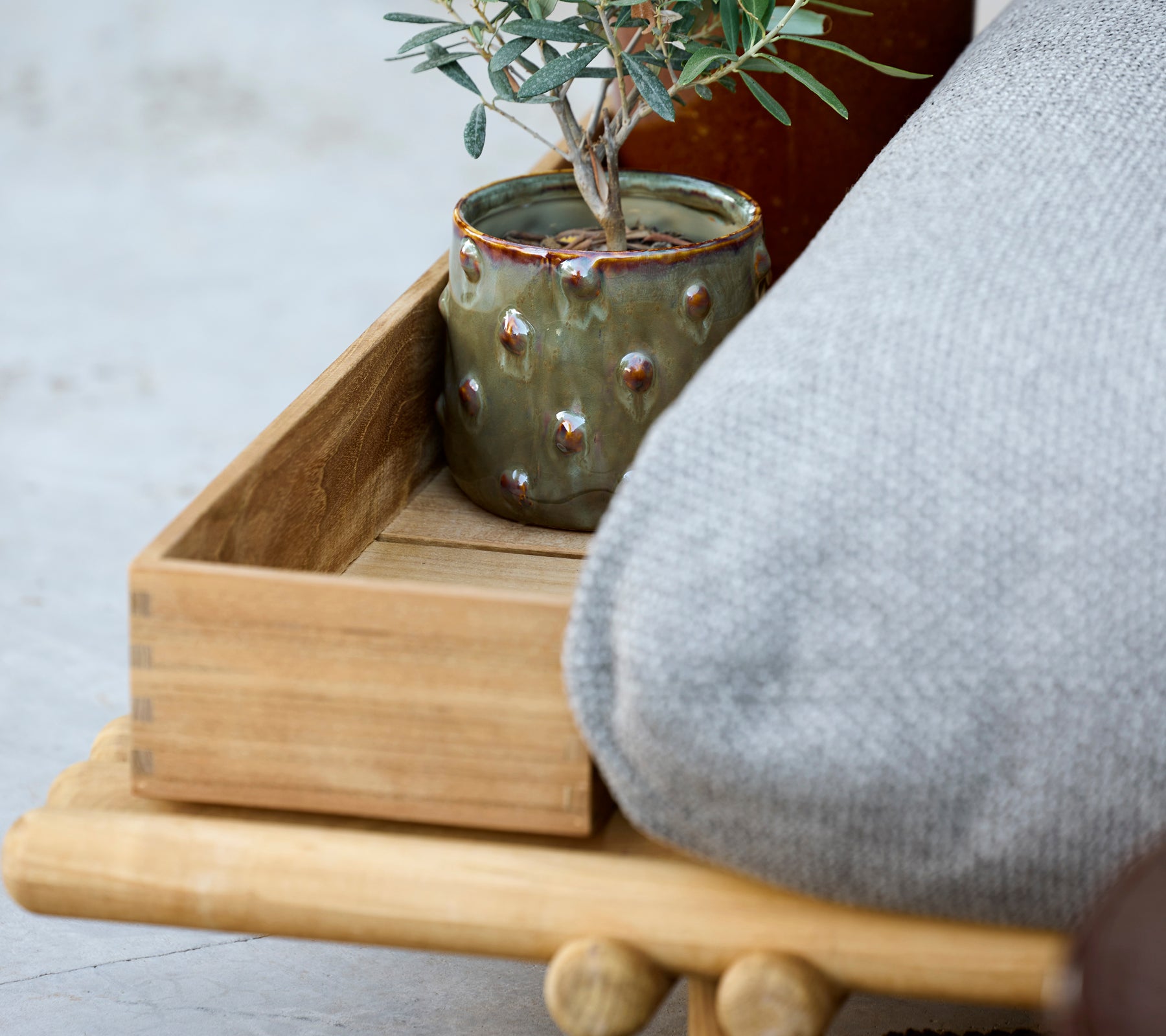 Träbricka med grå kudde och grön kruka med en planta.