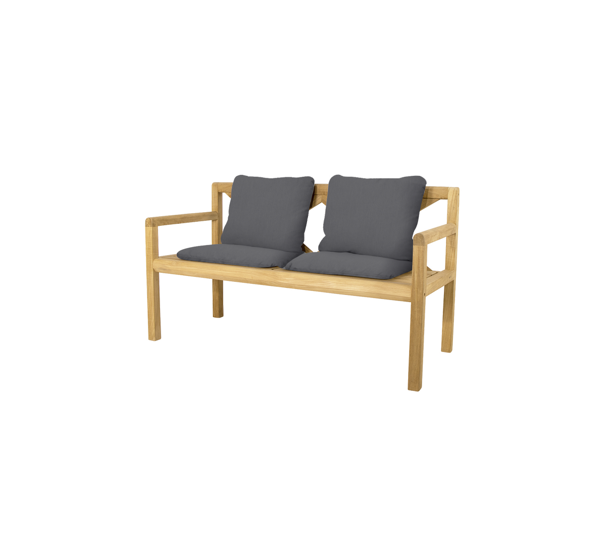 Elegant tvåpersonersbänk med en ram av naturligt trä och mjuka grå kuddar för komfort. Perfekt för avkoppling eller socialt umgänge.