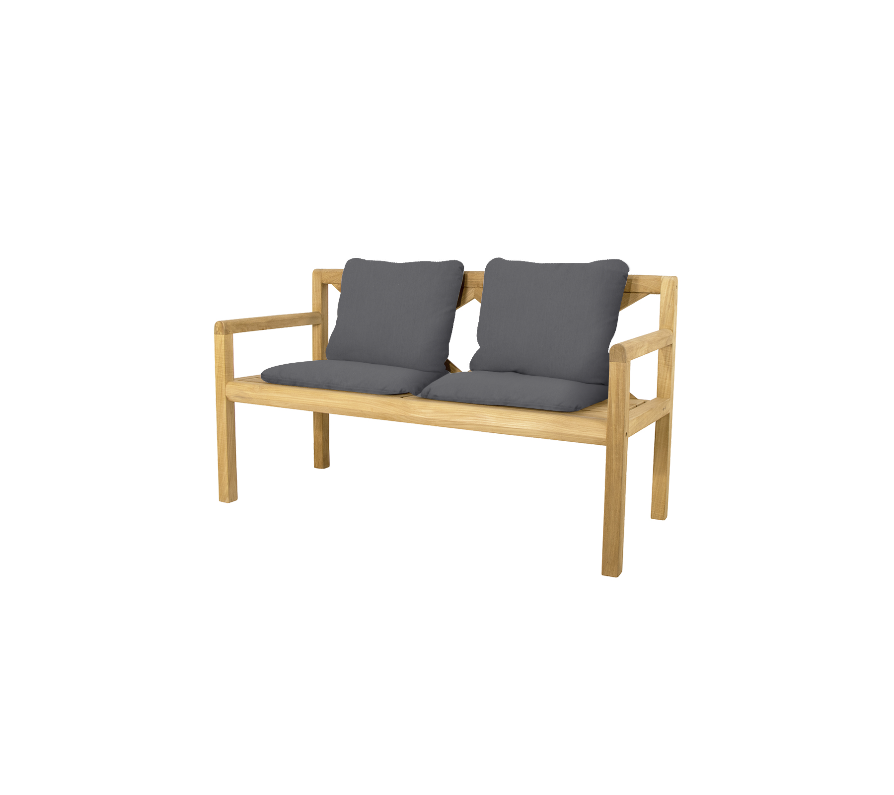 Elegant tvåpersonersbänk med en ram av naturligt trä och mjuka grå kuddar för komfort. Perfekt för avkoppling eller socialt umgänge.