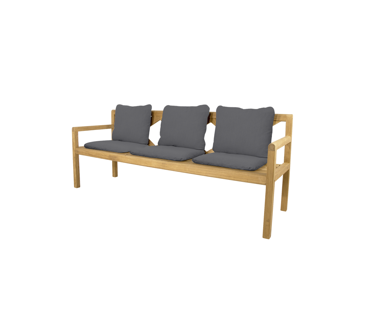Trepersonersbänk med en ljus trärygg och tre mörkgrå kuddar, designad för komfort och stil.