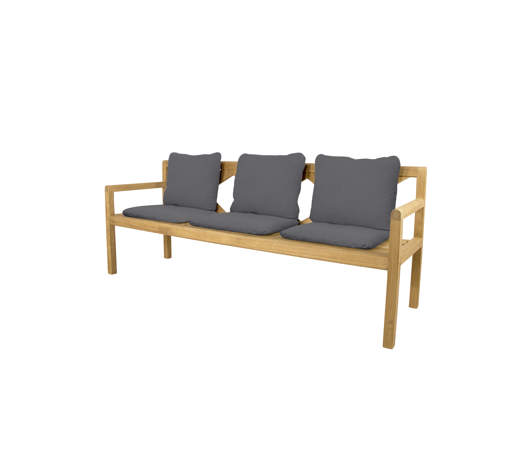 Trepersonersbänk med en ljus trärygg och tre mörkgrå kuddar, designad för komfort och stil.