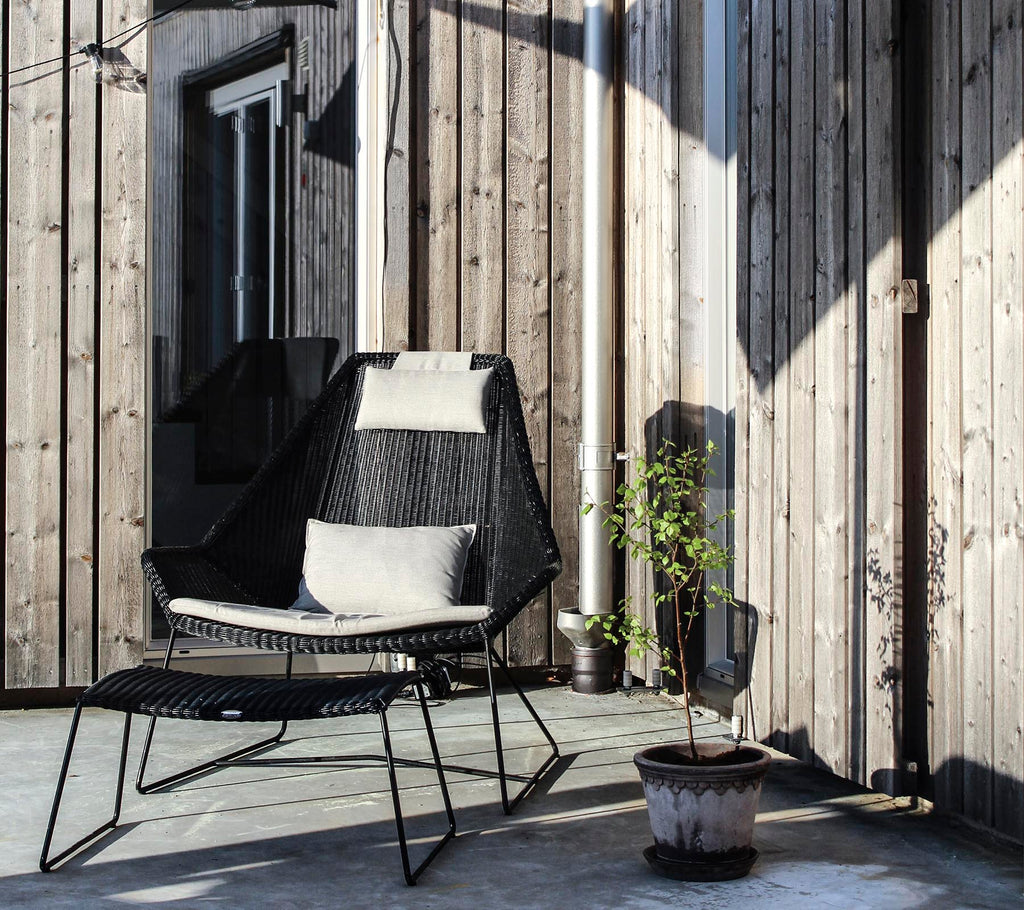 En stilren svart stol med en kudde, placerad bredvid en liten krukväxt mot en träbakgrund.