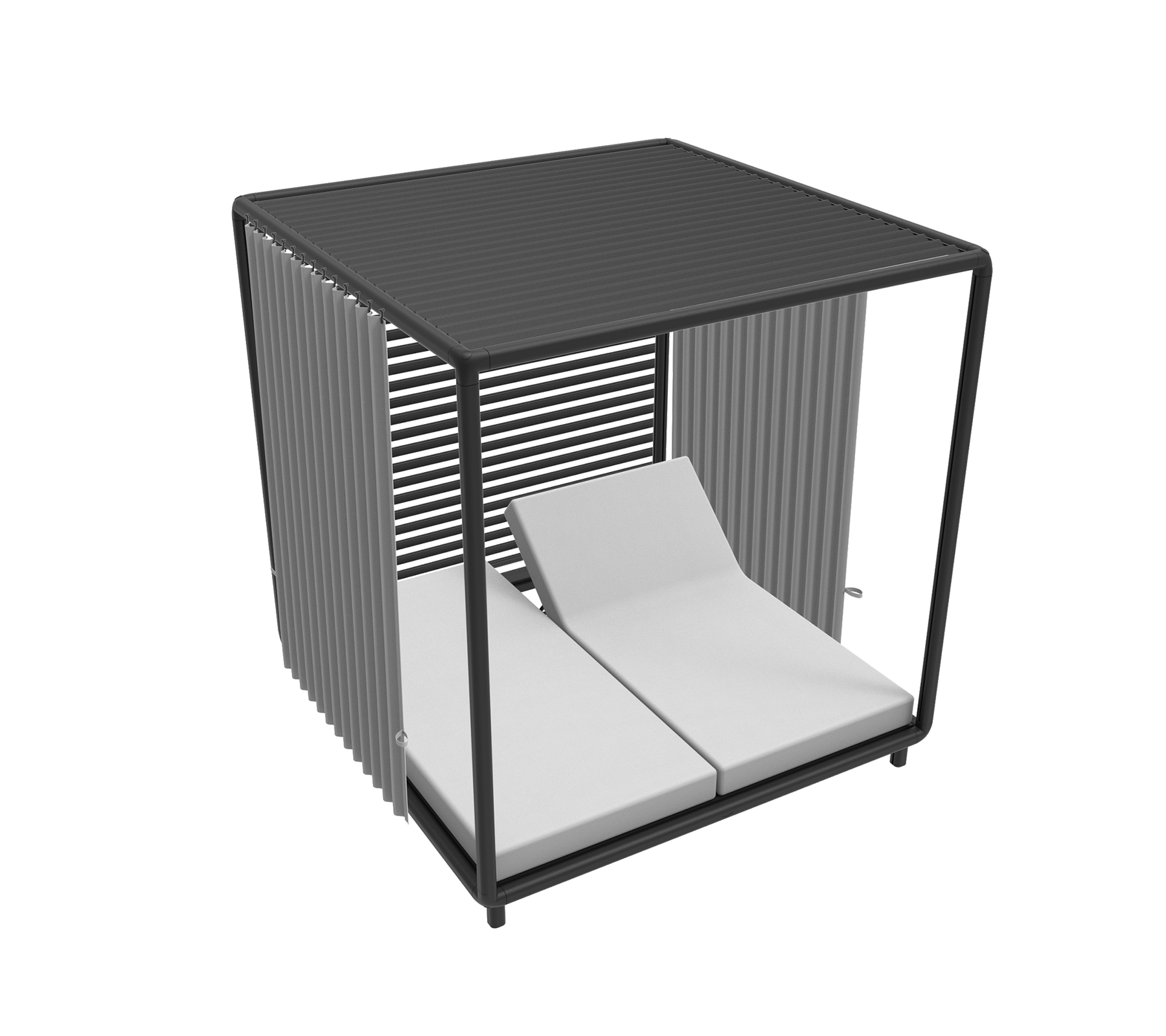 Stilren cabana med modern design som har två vadderade solstolar och eleganta vertikala spjälor för ett modernt utseende.