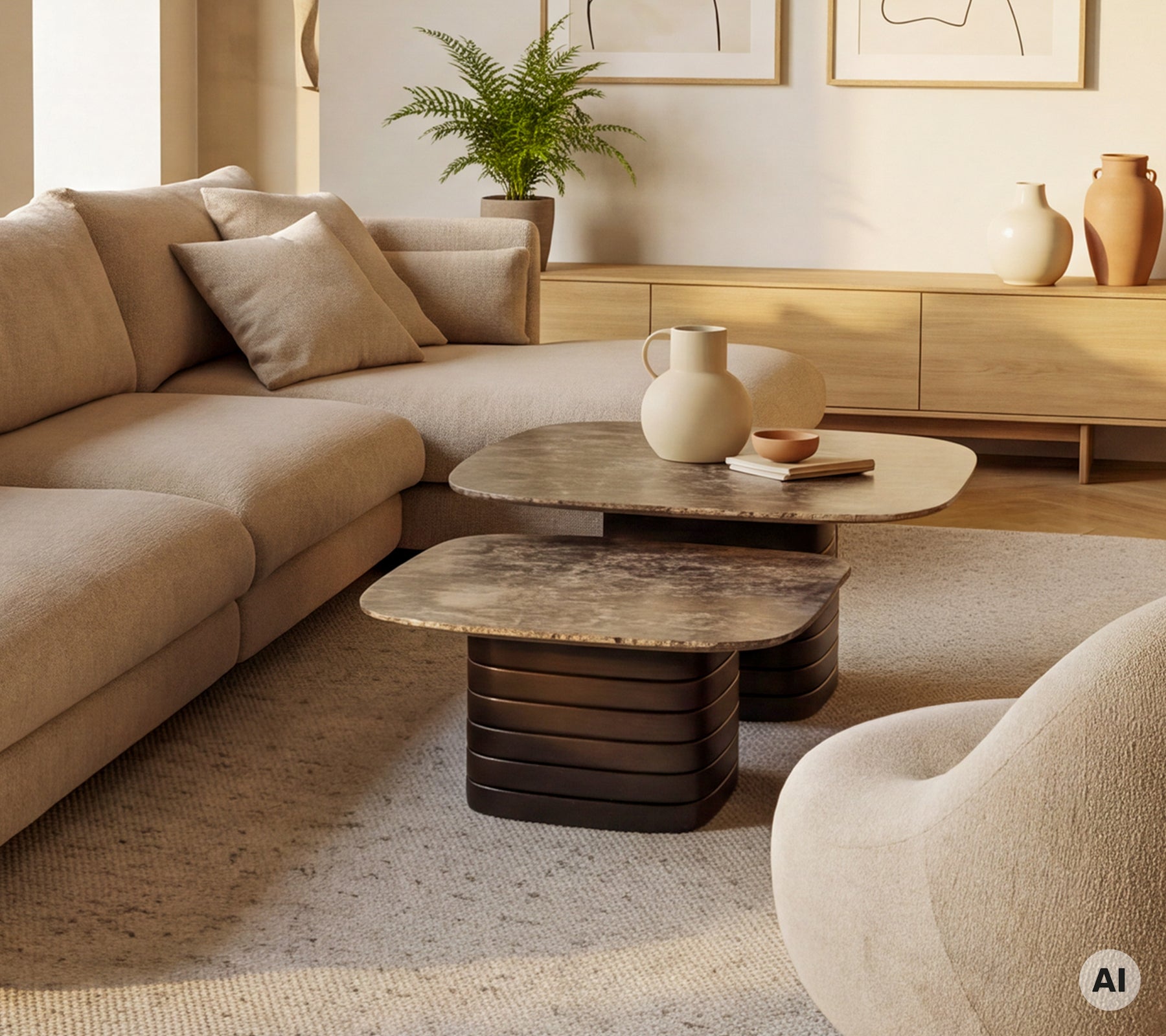 Beige soffa med ett brunt soffbord och en vit vas i en modern loungemiljö.