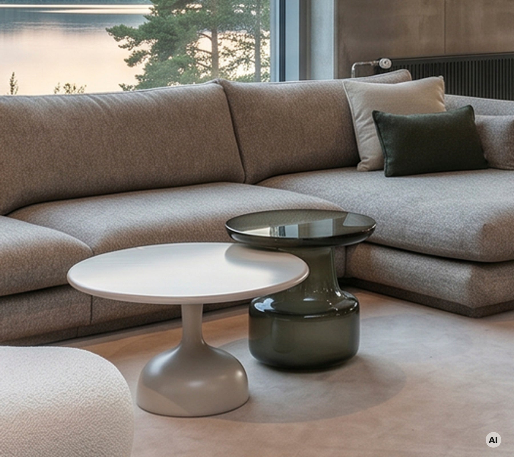 Modern lounge med en grå soffa och vita och gröna bord.