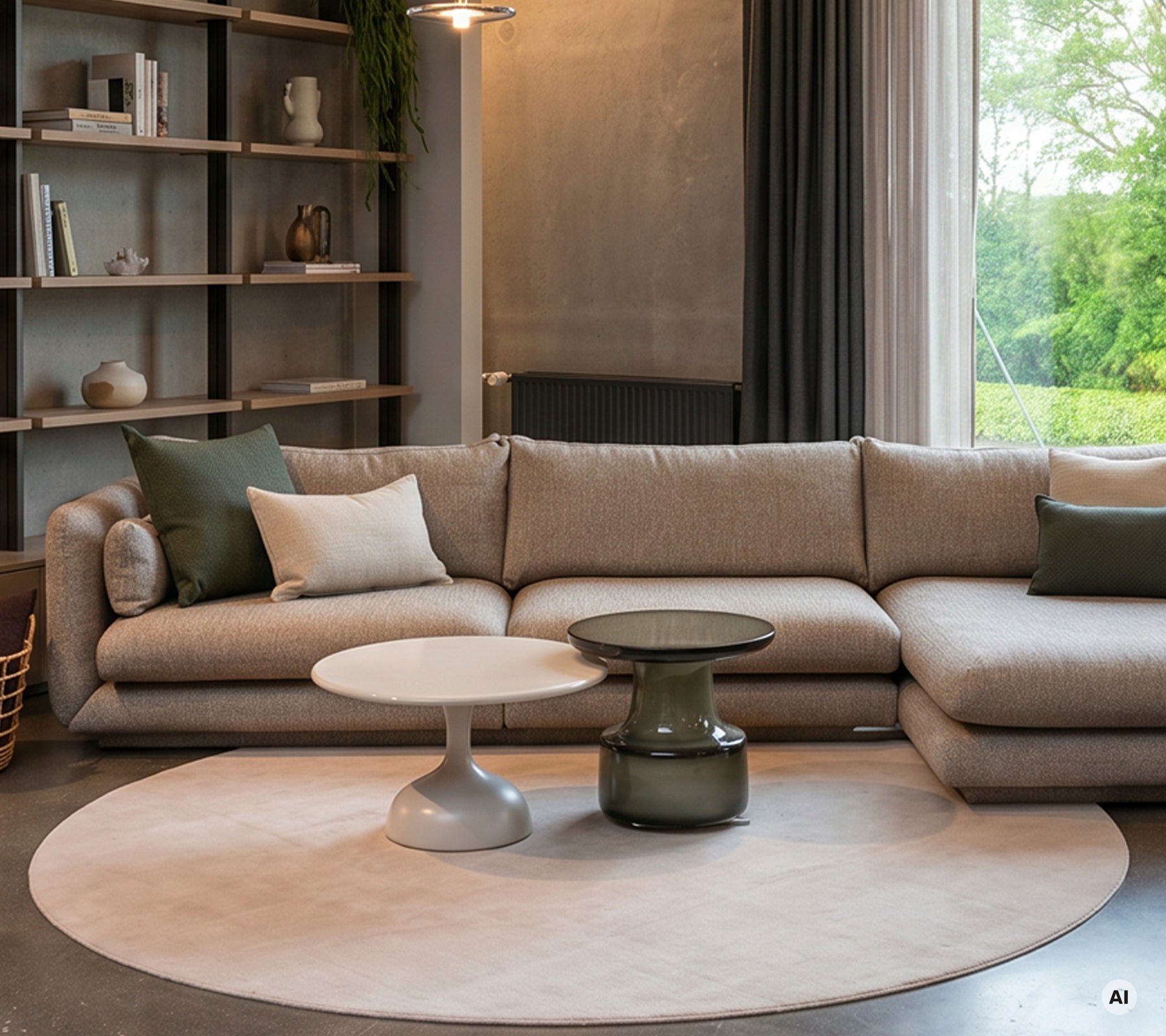 Modern lounge med beige soffa, vitt bord och grön kudde.