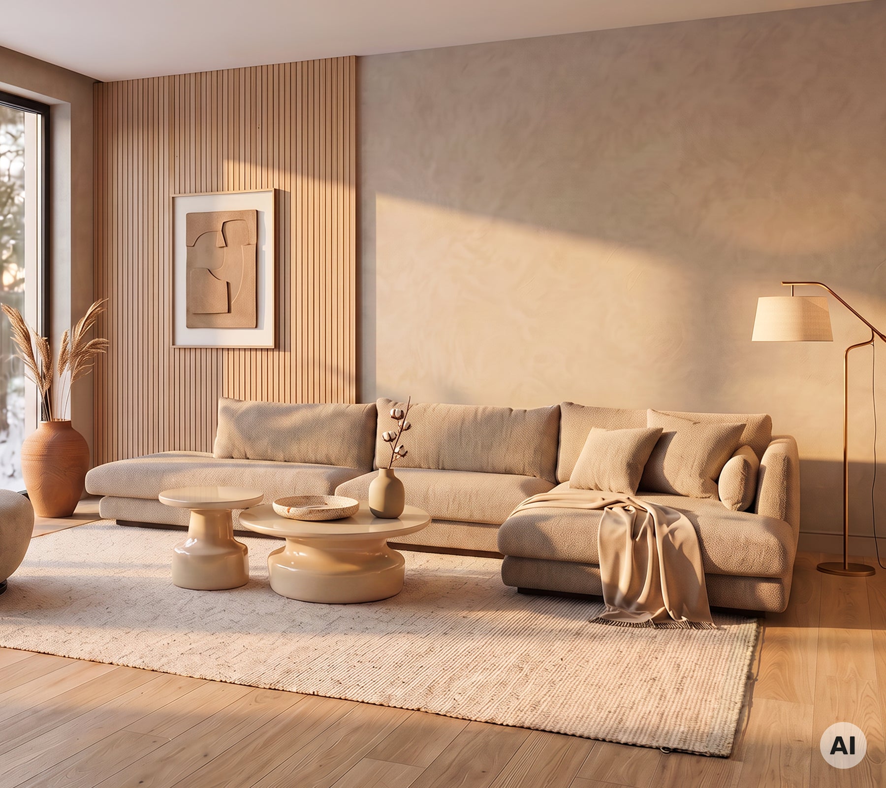 Moderna vardagsrum med en beige soffa, runt soffbord och en mjuk matta.