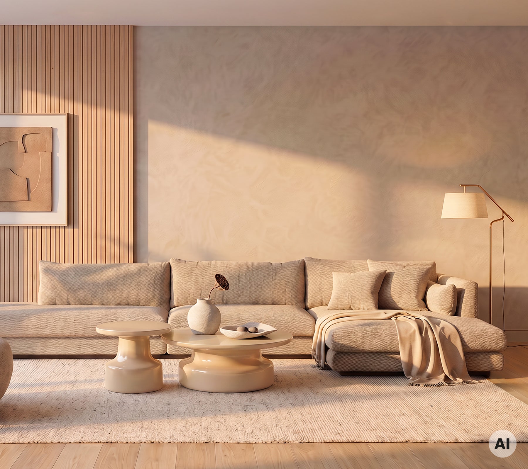 Modern minimalistisk lounge med en beige soffmodul och ett runt soffbord.