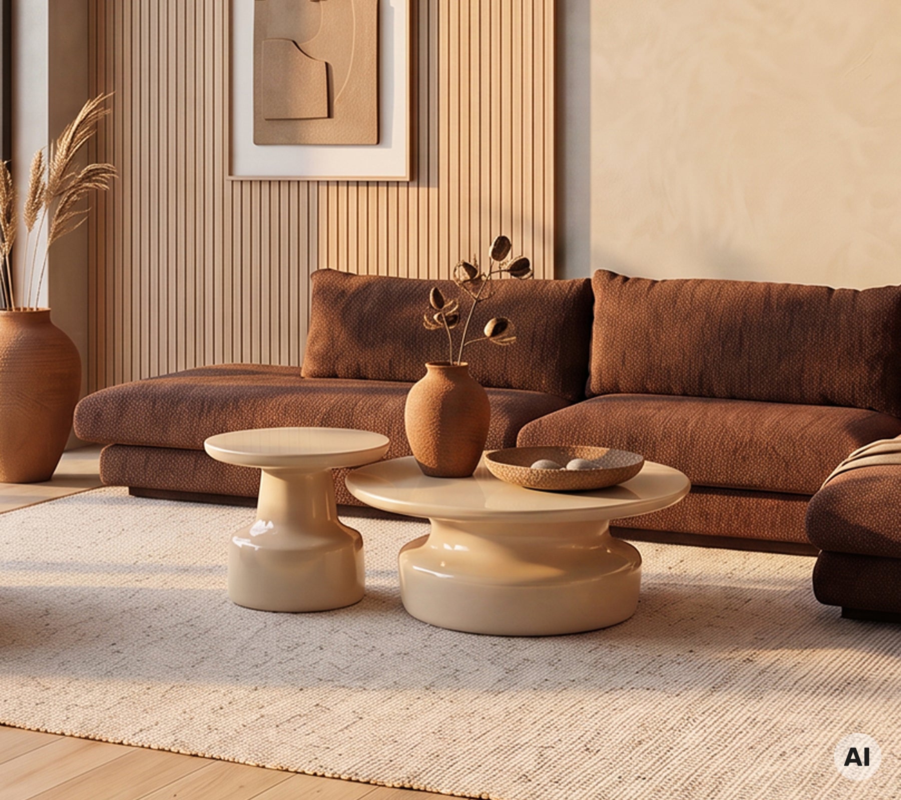 Modern lounge med en brun soffa, beige soffbord och dekorativa vaser.