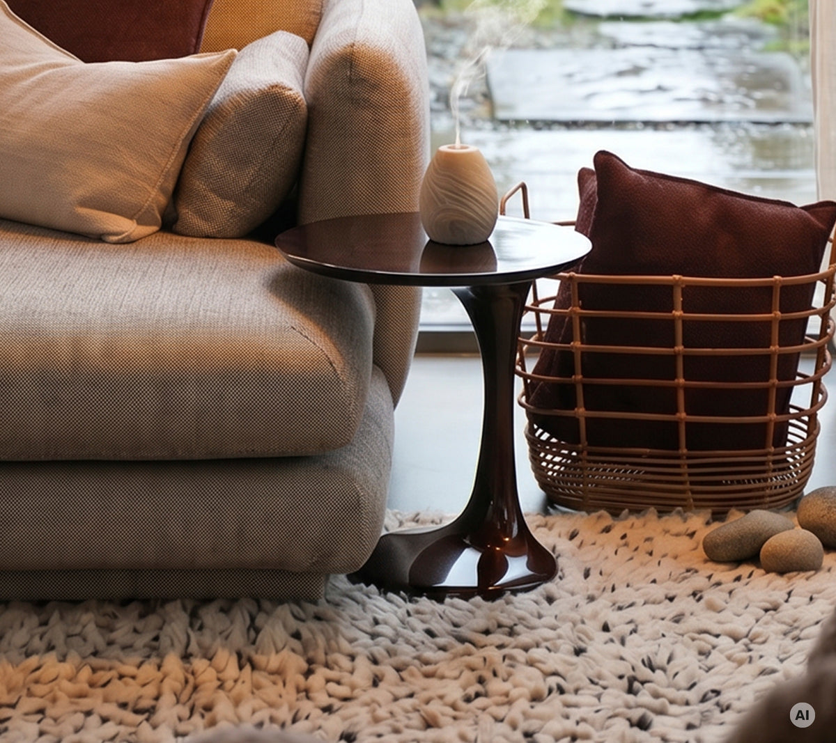Modern lounge med grå soffa, brunt sidobord, röd kudde och vit vas.