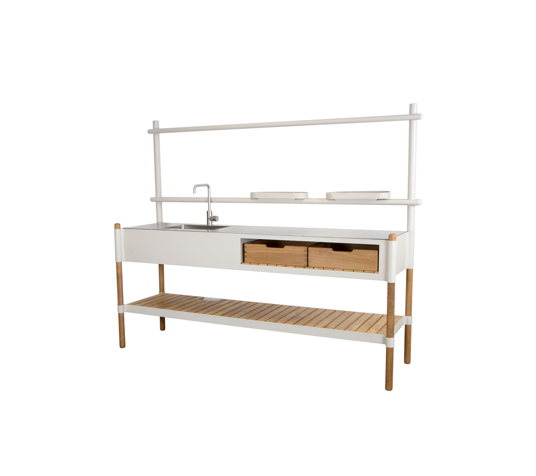 Stilren köksenhet med en vask, två lådor och en öppen hylla för förvaring, kompletterad med en modern design.