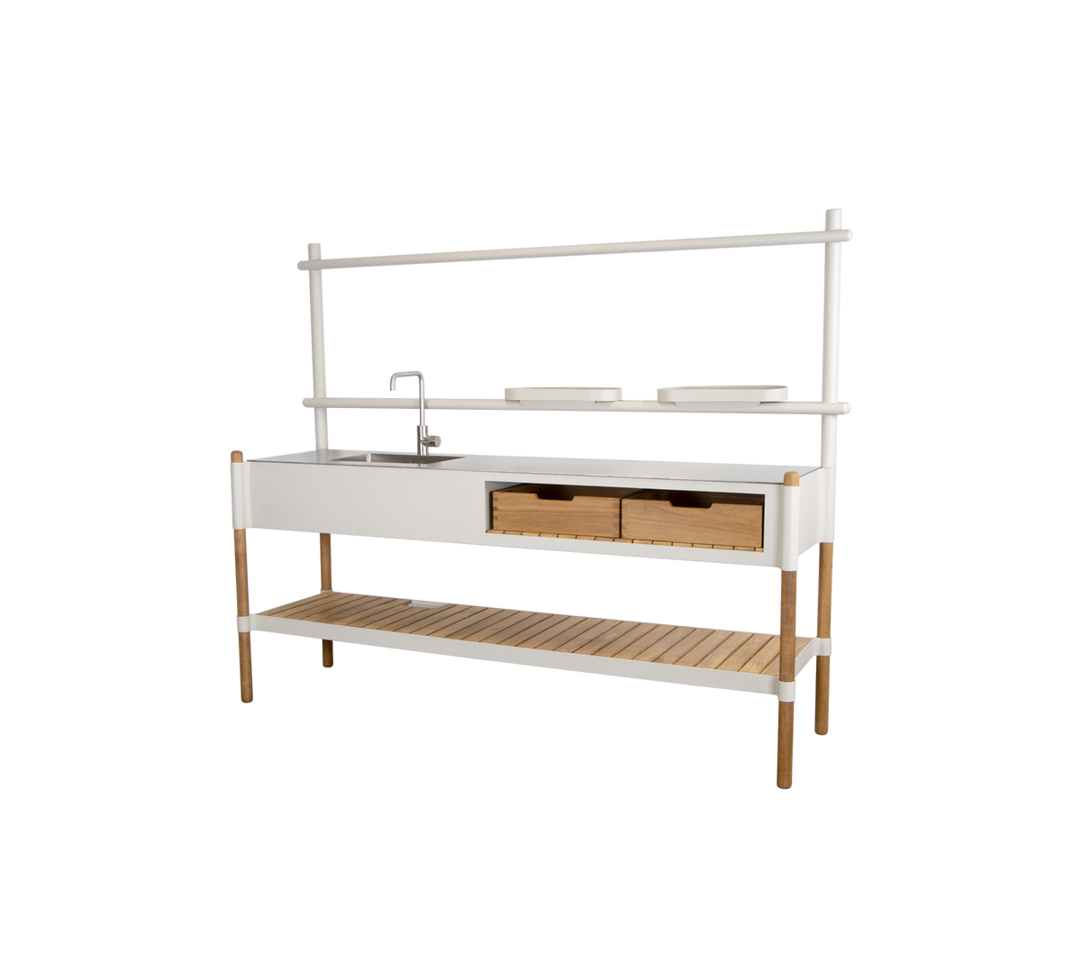 Stilren köksenhet med en vask, två lådor och en öppen hylla för förvaring, kompletterad med en modern design.
