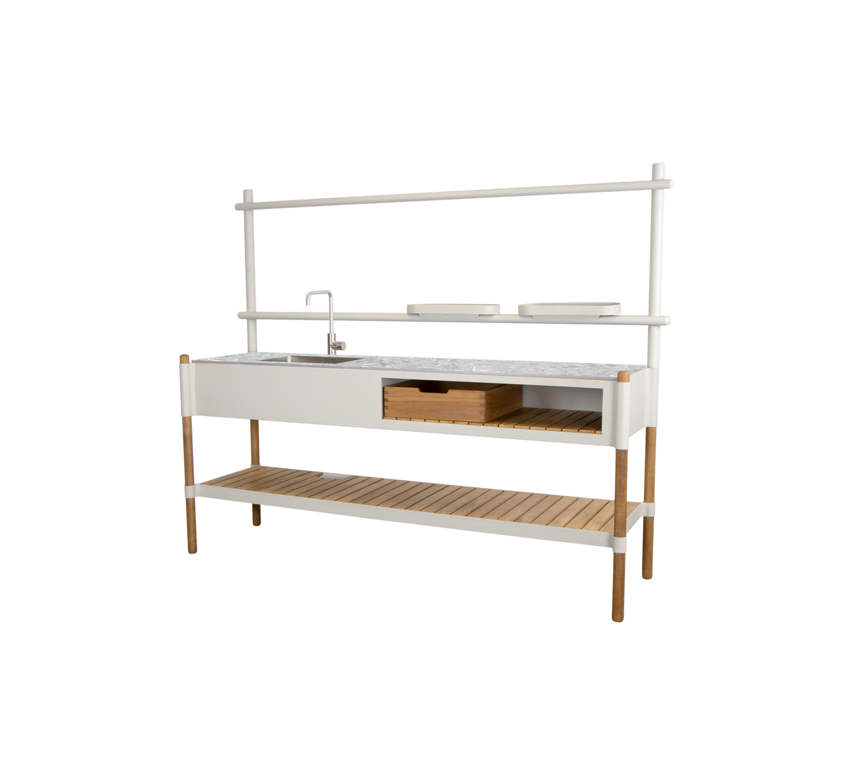 Modern köksenhet med bänkskiva i marmor, förvaringslådor och en öppen hylla stödd av träben.