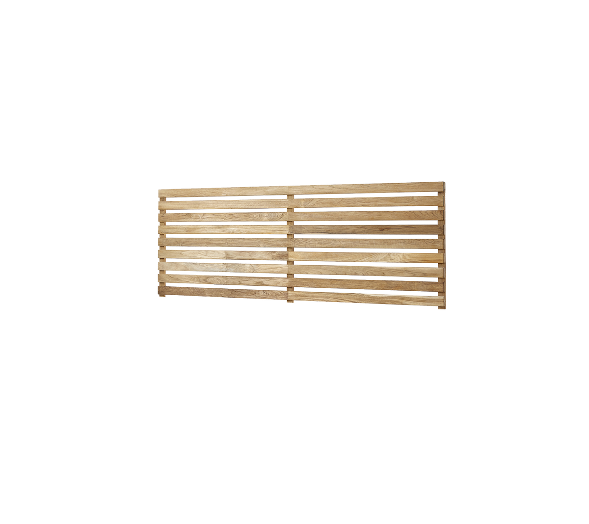 Träpanel med en naturlig finish, med jämnt fördelade spjäll för ventilation eller dekorativt användande.